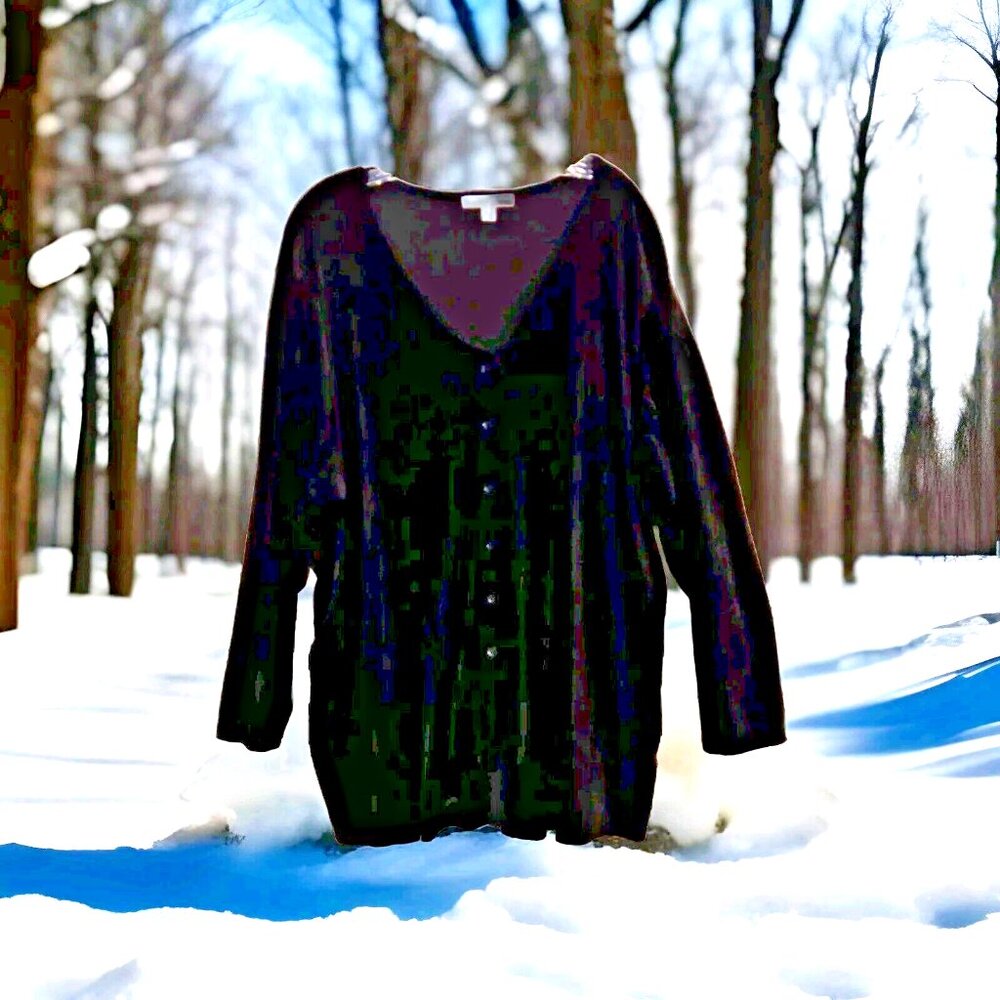 Woman Within Black Velvet Button Front Cardigan Top Plus Size 1X (22-24) V-Neck
